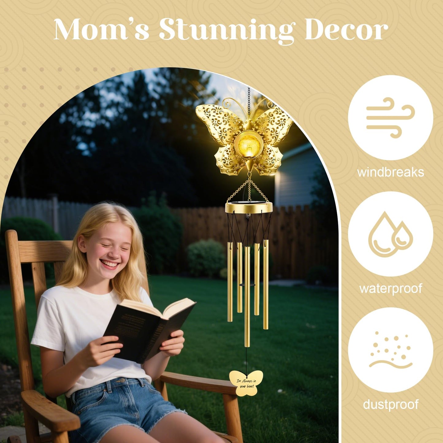 JYPS Butterfly Solar Wind Chimes, 40-Inch Large Waterproof Windchime for Outside with Glowing Crackle Glass Ball, Garden Patio Yard Decor Christmas Day Birthday Unique Gifts for Women Mom Grandma Wife