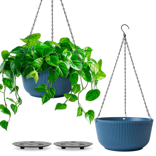 T4U 10 Inch Hanging Planters for Indoor Outdoor Plants, Hanging Baskets for Plants Pack of 2, Self Watering Hanging Pots with Drainage Hole for Garden Home Decor, Blue