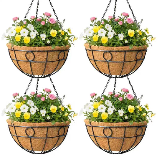 ZVOWOS 4 Pack 14 Inch Black Metal Hanging Planter Baskets with Coco Coir Liner Sturdy Hanging Flower Basket for Outdoor Indoor Garden Porch Patio Balcony Decor (Round)