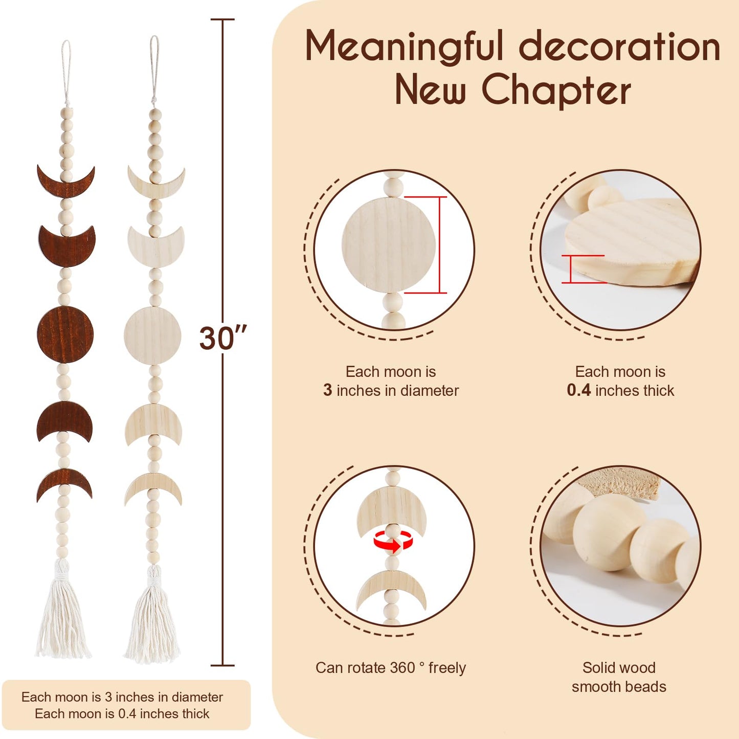 Ausicfen Moon Phase Wall Hanging Wood Beaded with Tassel,Phases of The Moon,Boho Home Decor for Living Room Bedroom Office(Brown)