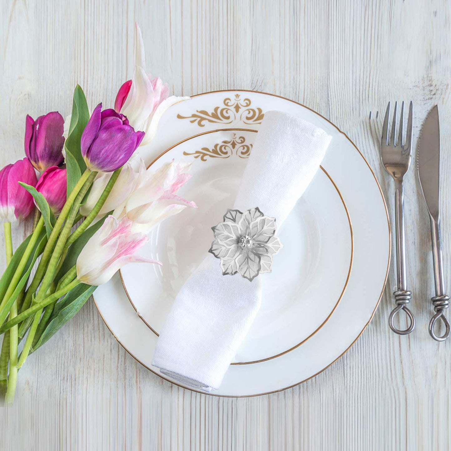 Picowe Set of 12 Alloy Napkin Rings with Hollow Out Flower Napkin Ring Holders for Wedding Party Holiday Banquet Christmas Dinner Delicate Serviette Buckles Decor Favor (Silver)