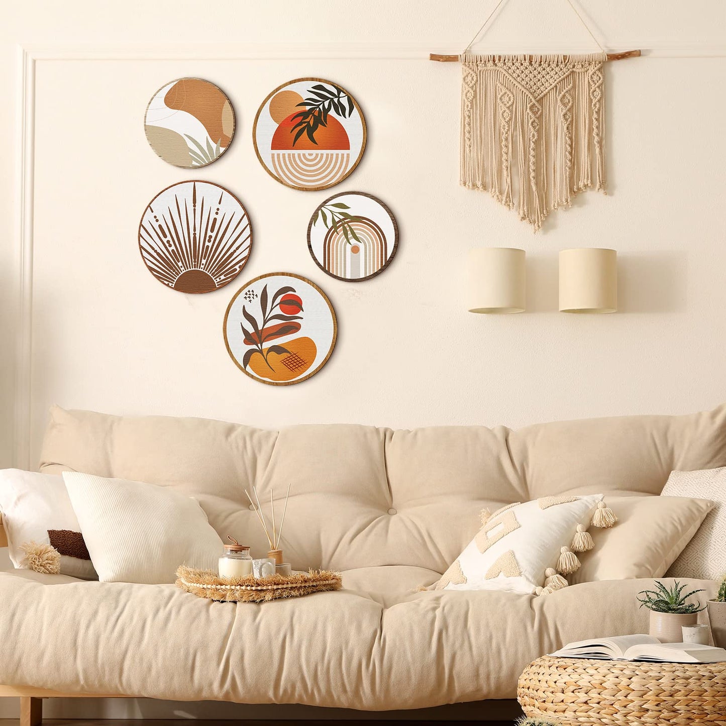 Qunclay 5 Pcs Wall Art Decor Wooden Living Room Wall Decor Bohemian Hanging Farmhouse Geometric 10'' and 8'' Aesthetic Wood Minimalist Posters for Bedroom(Boho)