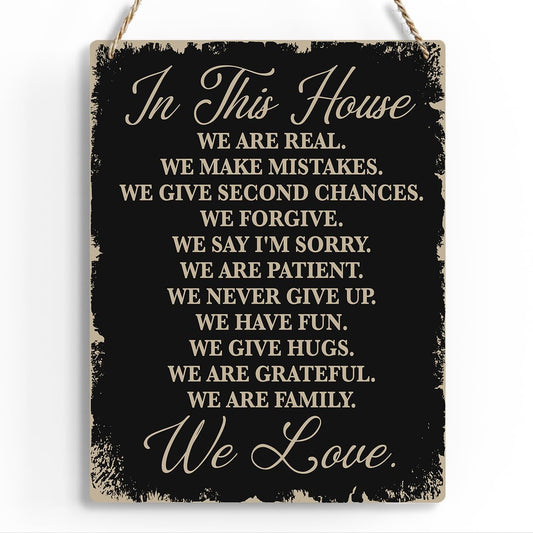 In This House Wooden Hanging Sign, House Rules Signs, Farmhouse Living Room Home Decor Wall Art, Inspirational Family Quote, Scripture Wooden Hanging Sign for Farmhouse Home Wall Art Decoration