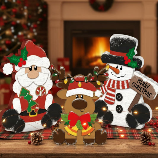 GlikCeil 3 Pcs Christmas Wooden Table Decorations Snowman Reindeer Santa Claus Centerpiece Block Holiday Wood Tiered Tray Tabletop Sign for Office Dining Room Mantle Home Party Supplies