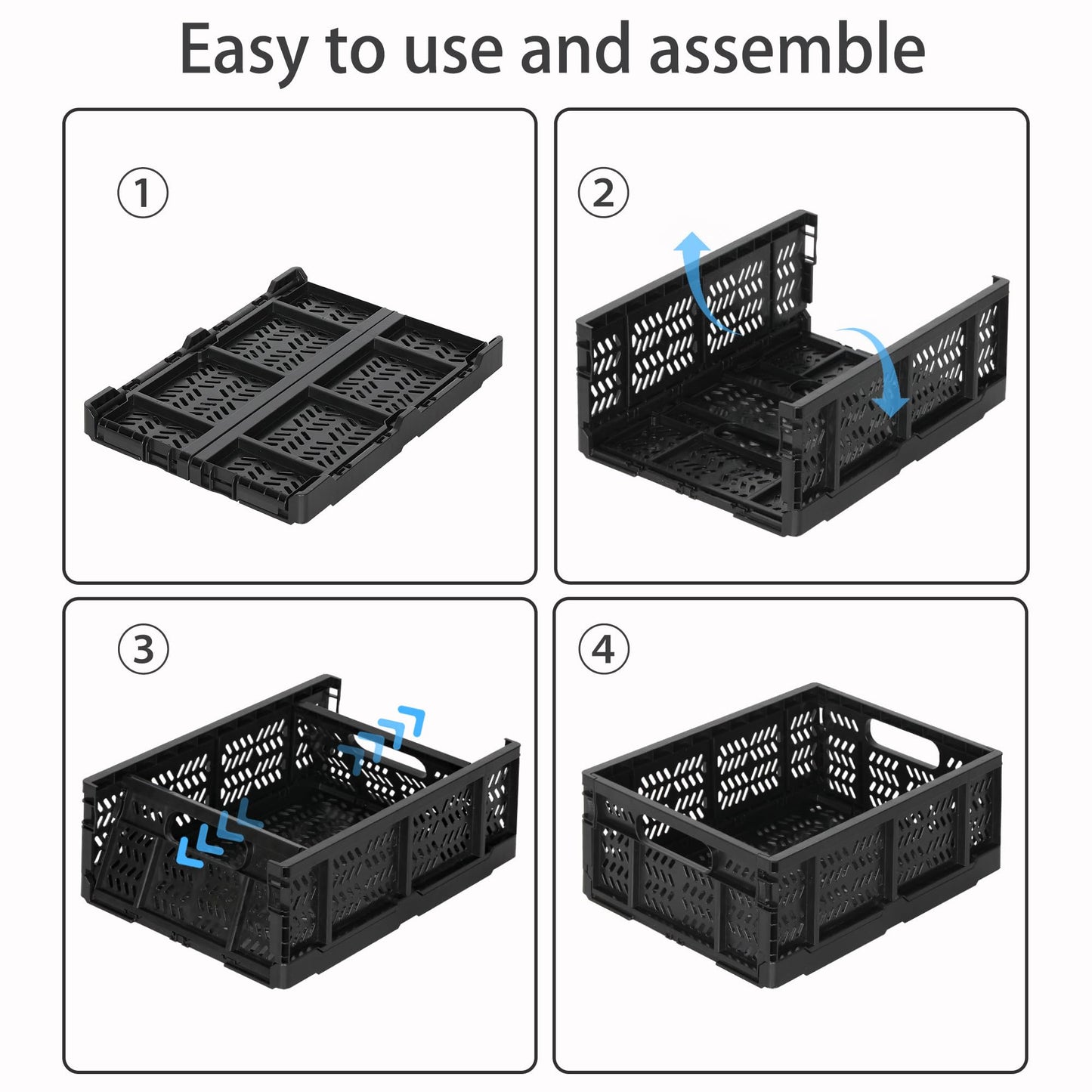 Senhoglb 4-Pack Collapsible Crate for Storage, 19L Folding Crate Plastic for Organizing Groceries Fruit with Handle, Collapsible Milk Crates for Home Office School Trunk, Black