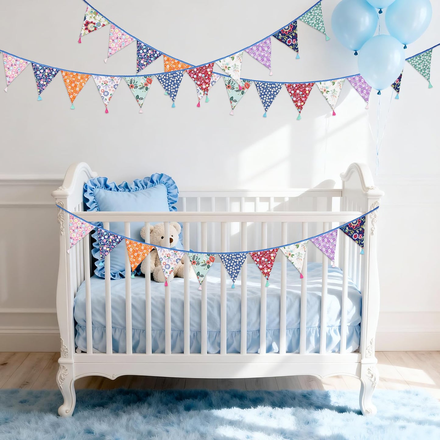 G2PLUS 10.8Ft Cotton Triangle Bunting Banner – 12pcs Multicolor Floral Fabric Pennant Flag with Tassels, Double Side Triangle Banner Garland for Weddings, Birthdays, Garden & Baby Showers