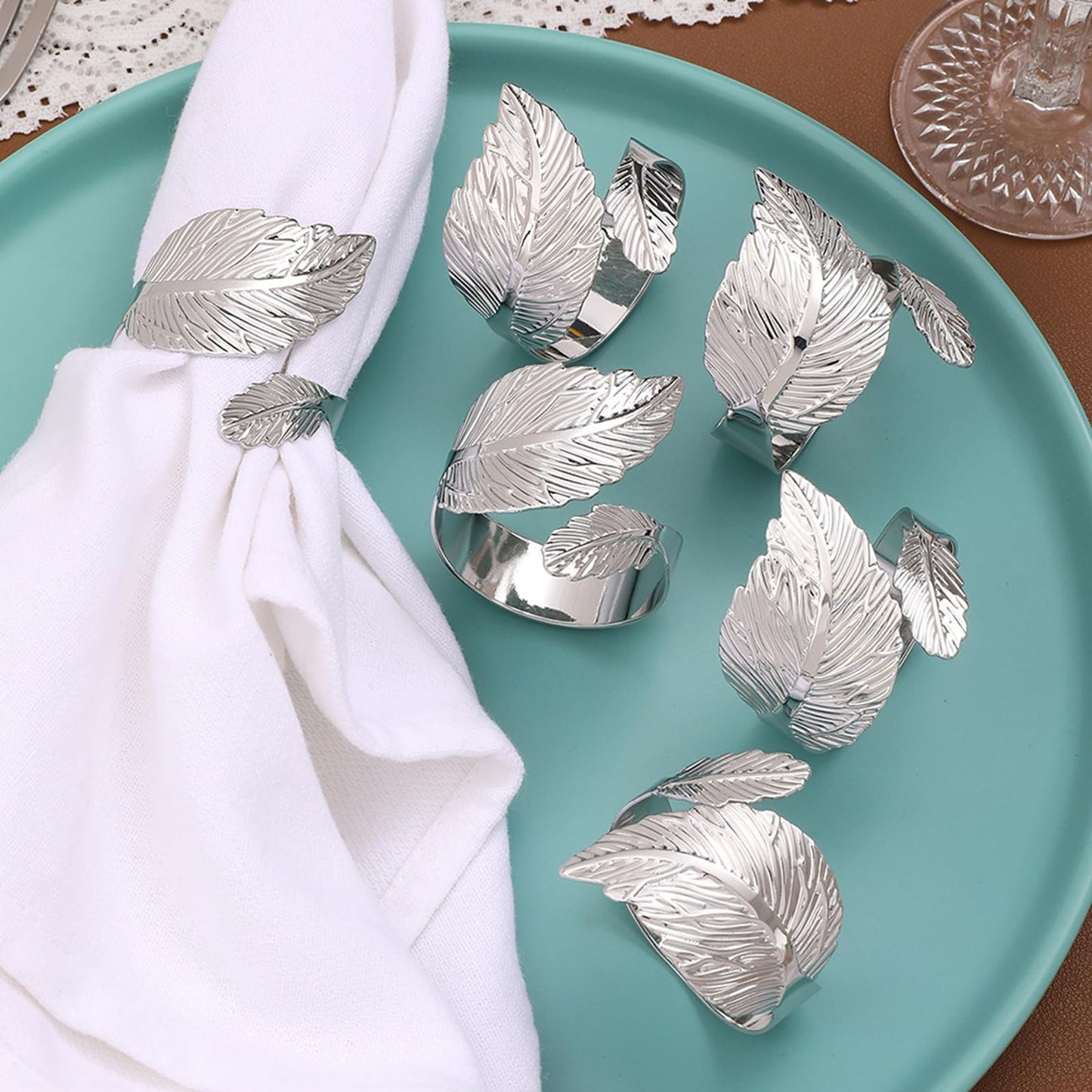 Silver Napkin Rings Set of 12,Shiny Metal Leaf Napkin Ring Silver Napkin Holder for Table Setting Decor,Stylish Rings Fit Holiday Dinner Thanksgiving Christmas Party Decoration Mgrlfbl(Leaves 12)