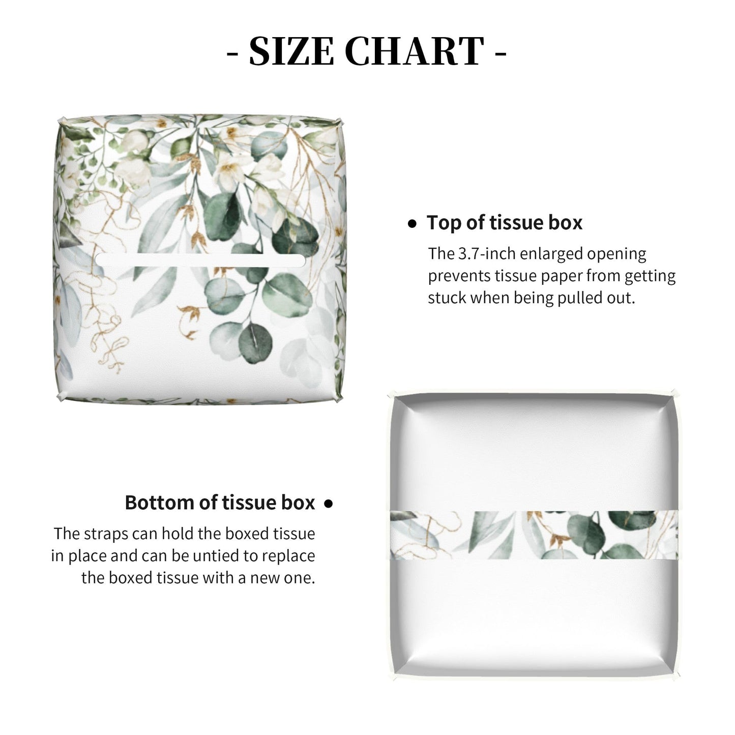 Eucalyptus Leaves and Flowers Tissue Box Cover Square,Watercolor Green Leaves Branches Tissue Box Holder Waterproof Leather Facial Paper Organizer Dispenser for Bathroom Home Car Nightstand Vanity