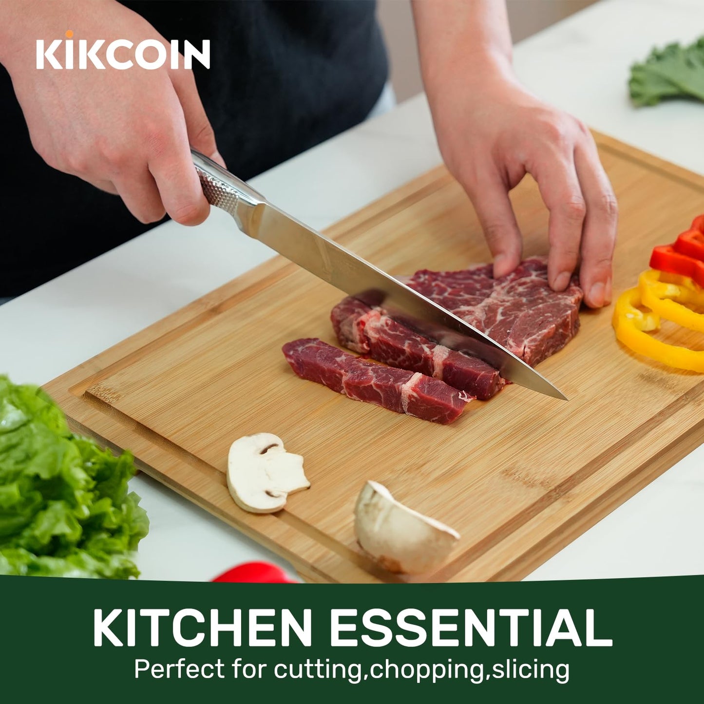 Kikcoin 17”×11” Bamboo Cutting Boards for Kitchen, Healthy Wooden Cutting Boards for Kitchen, Charcuterie, Vegetables, Cheese, Extra Large Chopping Boards with Deep Juice Groove and Handle, Natural