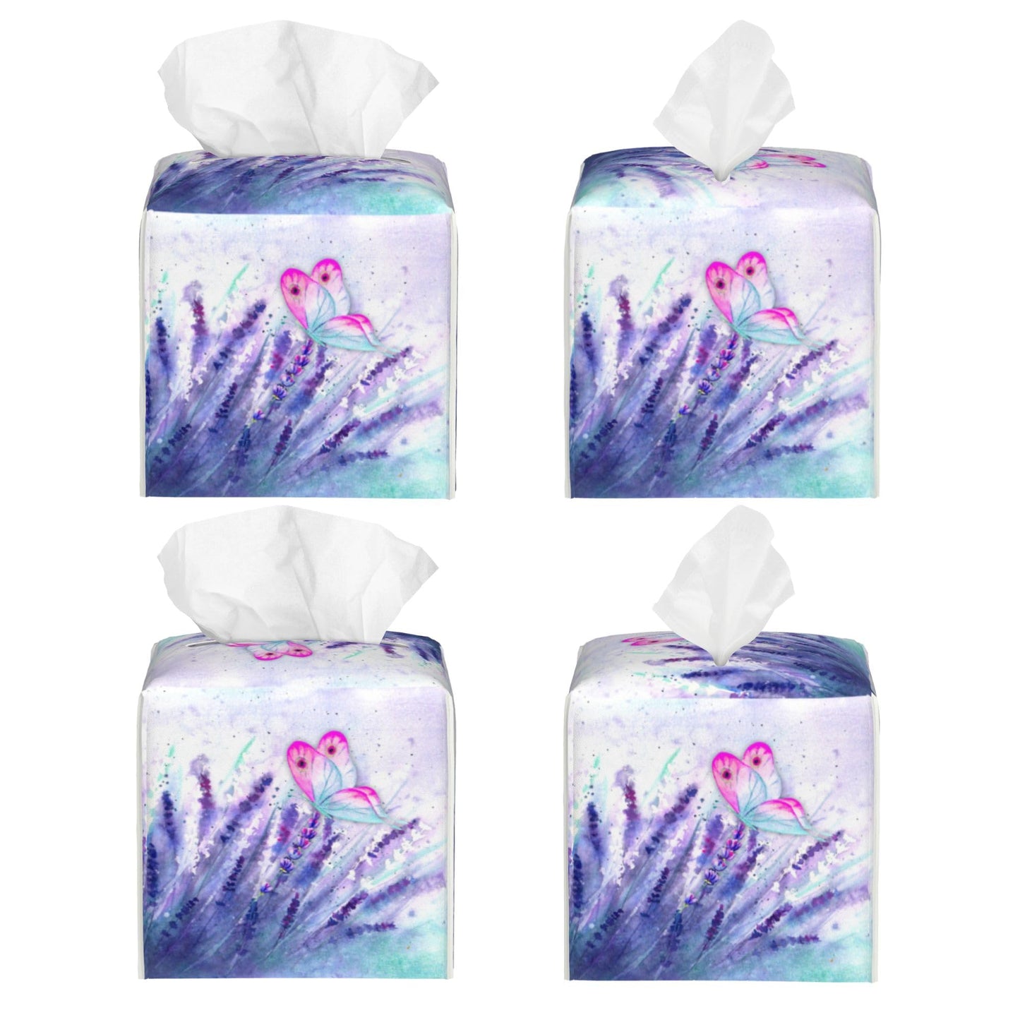 Purple Lavender and Butterfly Tissue Box Cover Square,Watercolor Lavender Flowers Tissue Box Holder Waterproof Leather Facial Paper Organizer Dispenser for Bathroom Home Car Nightstand Vanity Desk
