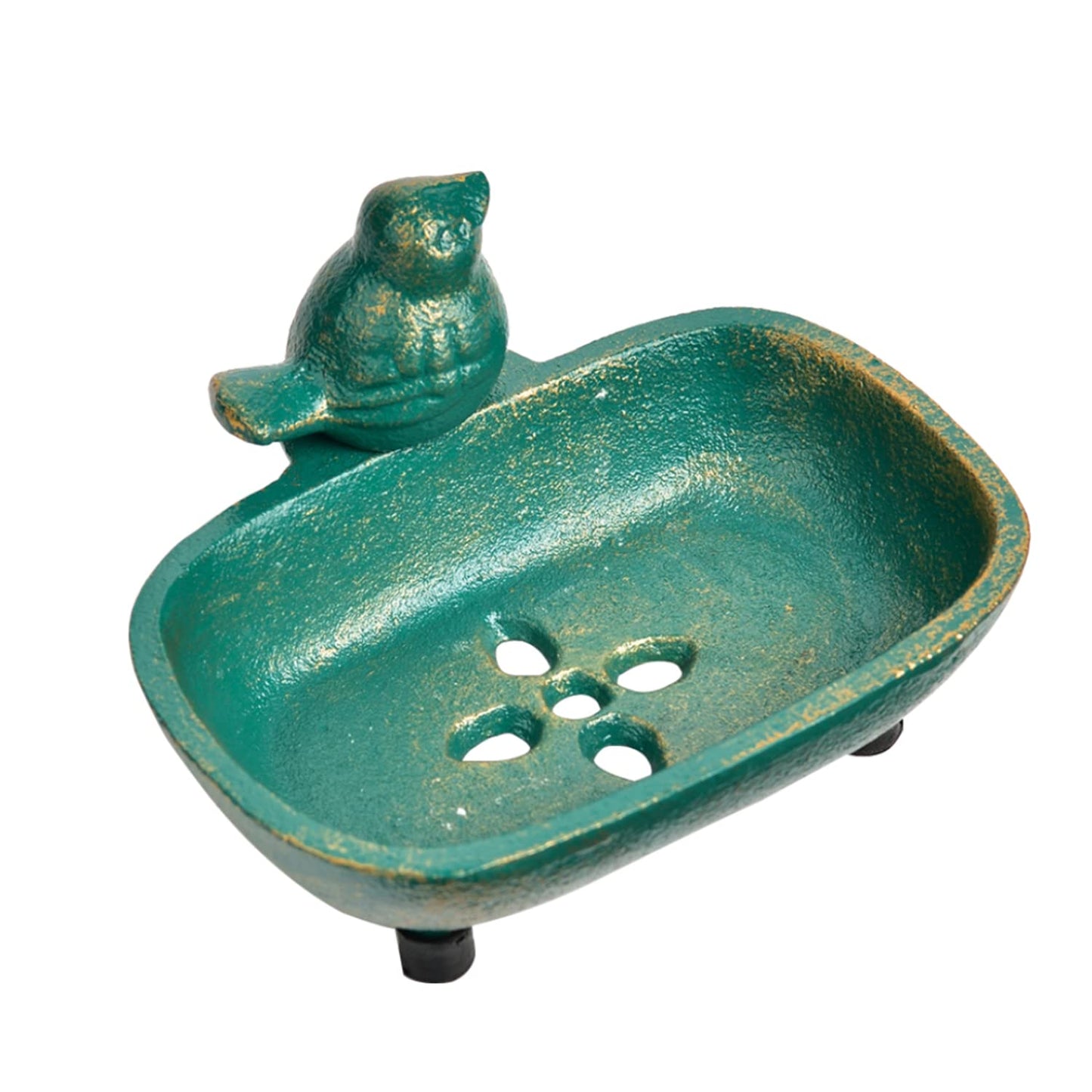 Sungmor Heavy Duty Cast Iron Hand Soap Holder - Lovely Bird Shaped & Antique Green Finish - Decorative Tabletop Soap Dish Tray for Kitchen Bathroom Sink - Practical Bath Soap Box Container