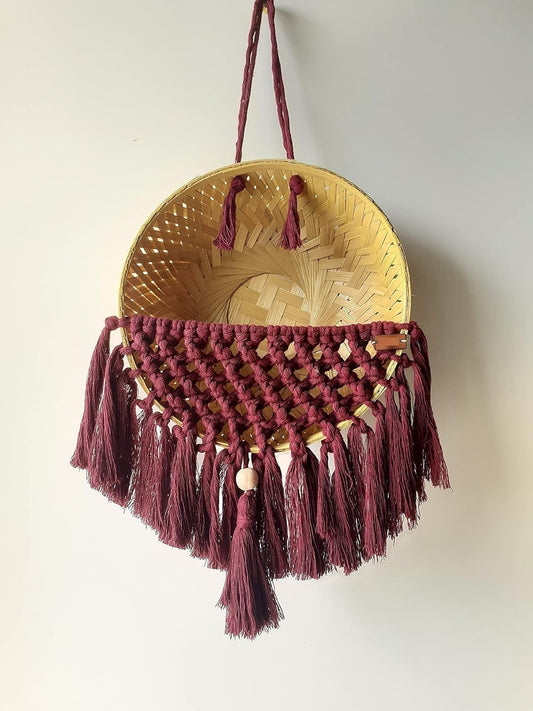 Macrame Plant Basket, Handmade, Burgundy