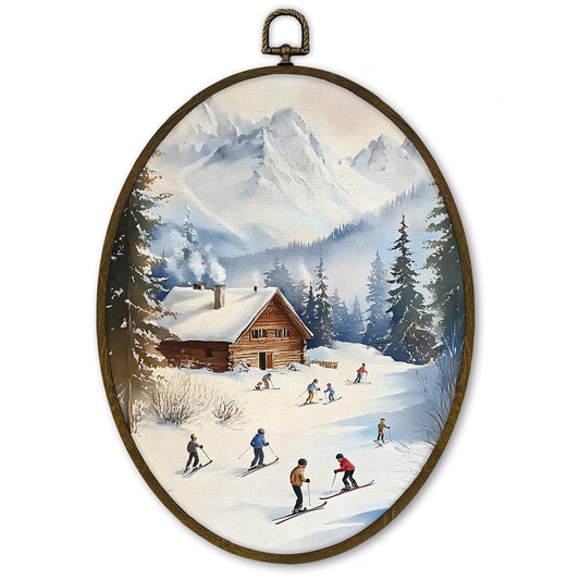 cvjutf Winter Ski Skiing Scene Wall Art Decor Framed, Vintage Farmhouse log cabin Snowy Mountain Oval Wall Decor, Rustic Cottage Winter Canvas Prints Art for Home Bathroom, gifts for skier, 8.7x11.3 In