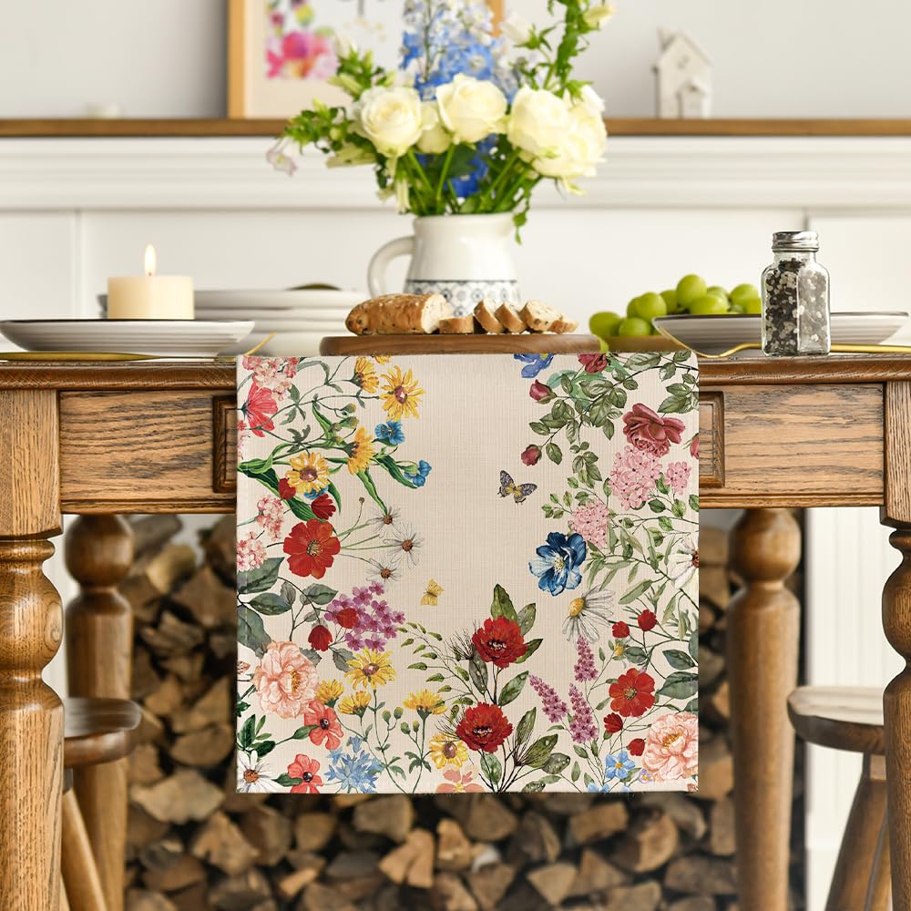 Artoid Mode Plants Floral Butterfly Valentine's Day Table Runner, Anniversary Wedding Kitchen Dining Table Decoration for Home Party Decor 13x72 Inch