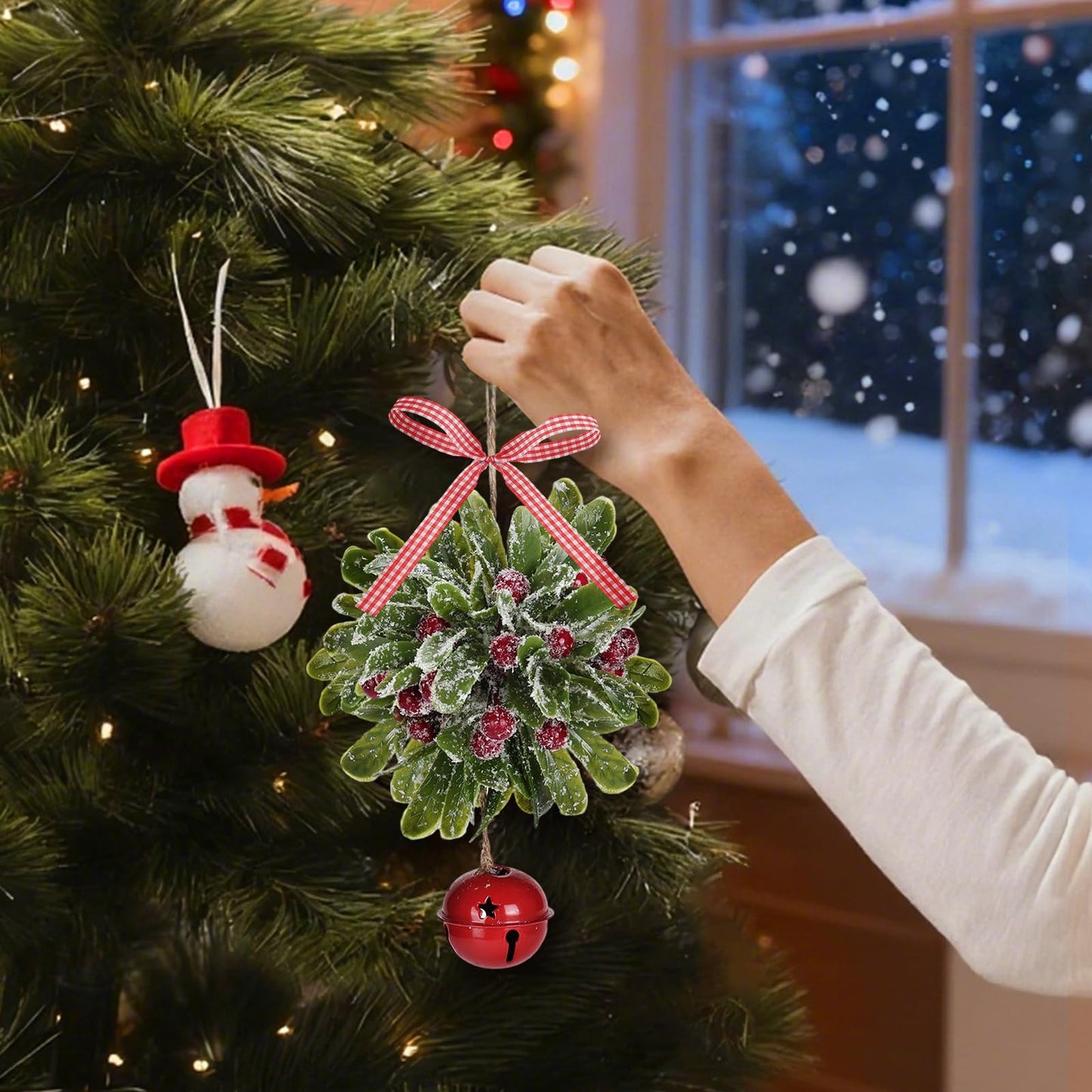 Forwe Mistletoe Christmas Decor Artificial Mistletoe Kissing Ball Ornament with Bell Bow Berries Hanging Christmas Decorations for Doorway Arch Light Fixture Xmas Tree (Red)