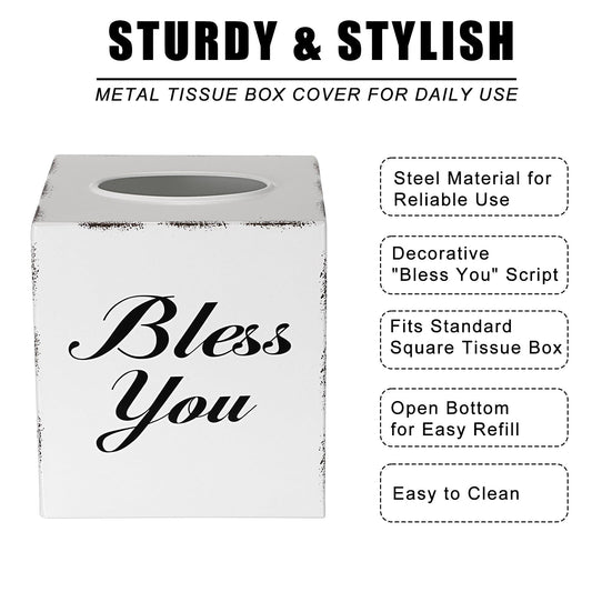 Sumnacon Tissue Box Cover Square, Bless You Tissue Holders, Decorative Tissue Box Holder Open Bottom, Cube Metal Tissue Cover for Bathroom, Bedroom, Living Room, Office, Tabletop, Gift Option, White