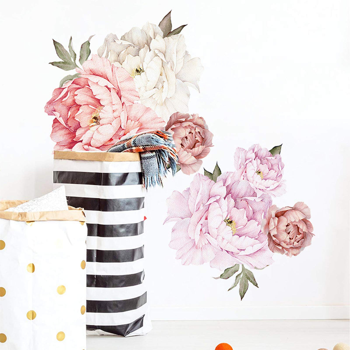 Watercolor Peony Flowers Wall Decals Floral Wall Stickers for Living Room, Delicate White & Pink Flowers Wall Posters Vinyl Blossom Art Applique for Bedroom Girls Room