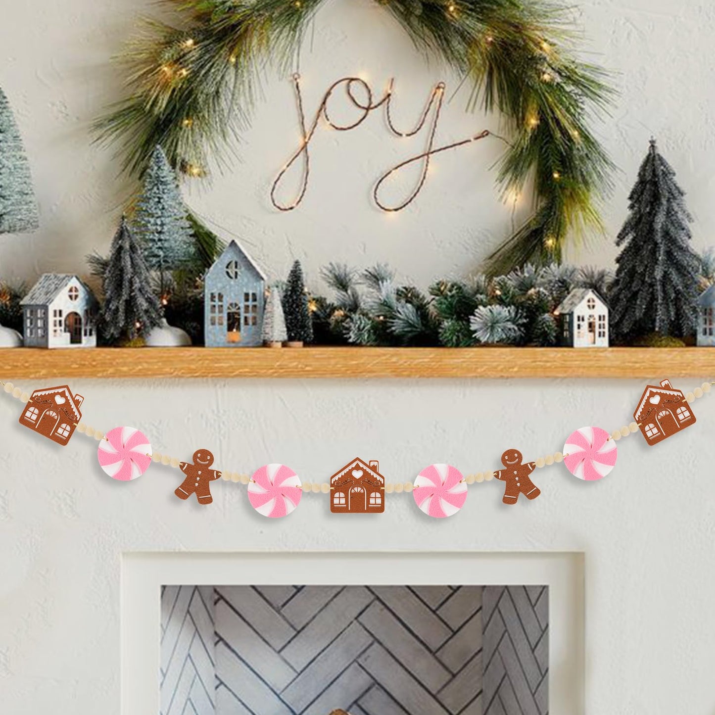 KnomeKo 6Ft Pink Christmas Garland - Pink Candyland Christmas Ornaments Felt Gingerbread House with Wood Beads - Christmas Gingerbread Decor for Mantle, Wall, Tree, Indoor