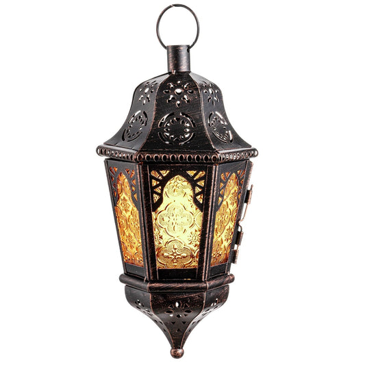 DECORKEY Ramadan Lantern Decorative Indoor & Outdoor, 13.6’’ Vintage Decorative Hanging Lanterns with Chian for Home Porch Patio Decor, Metal Christmas Moroccan Candle Holder Decorations (Amber)