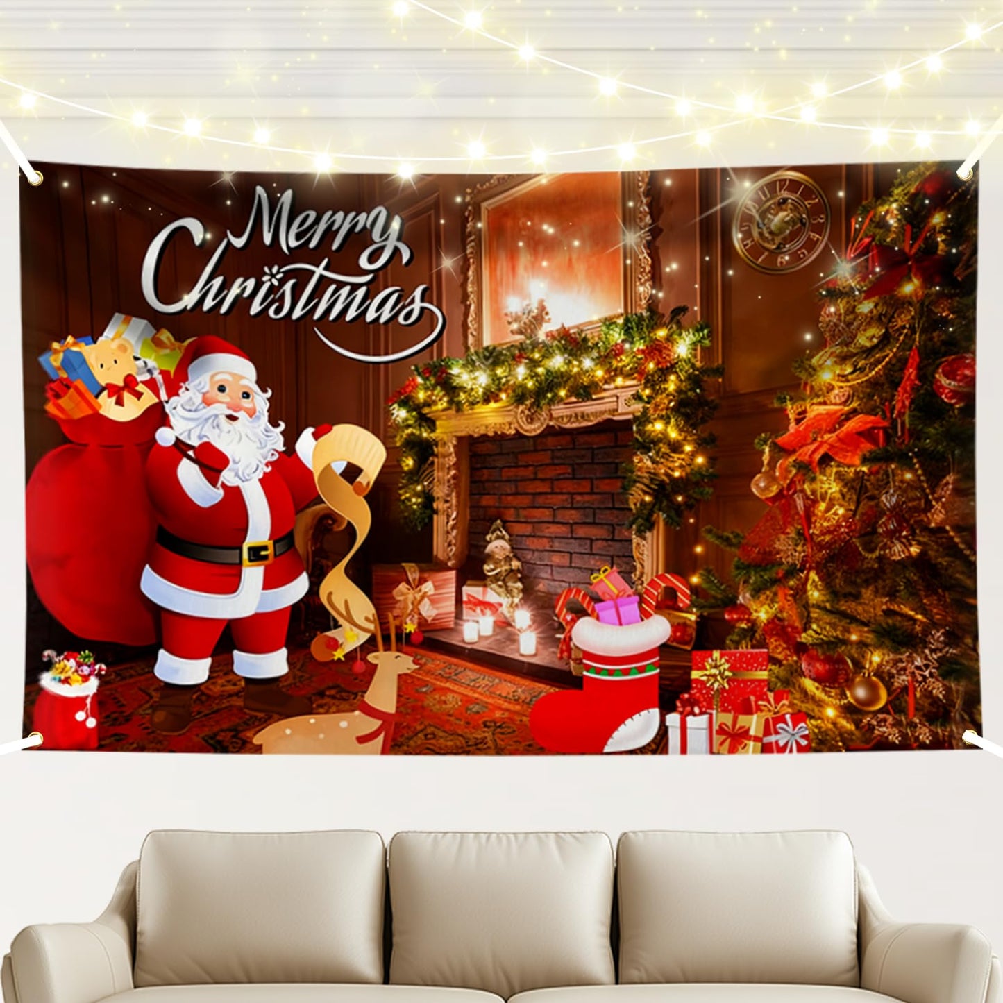 Hianjoo Merry Christmas Wall Banner Decorations 71x43 inch, Large Christmas Backdrop Banner with Eyelets, Vivid Digital Print Xmas Fireplace Background Decoration for Indoor Decor (Red)