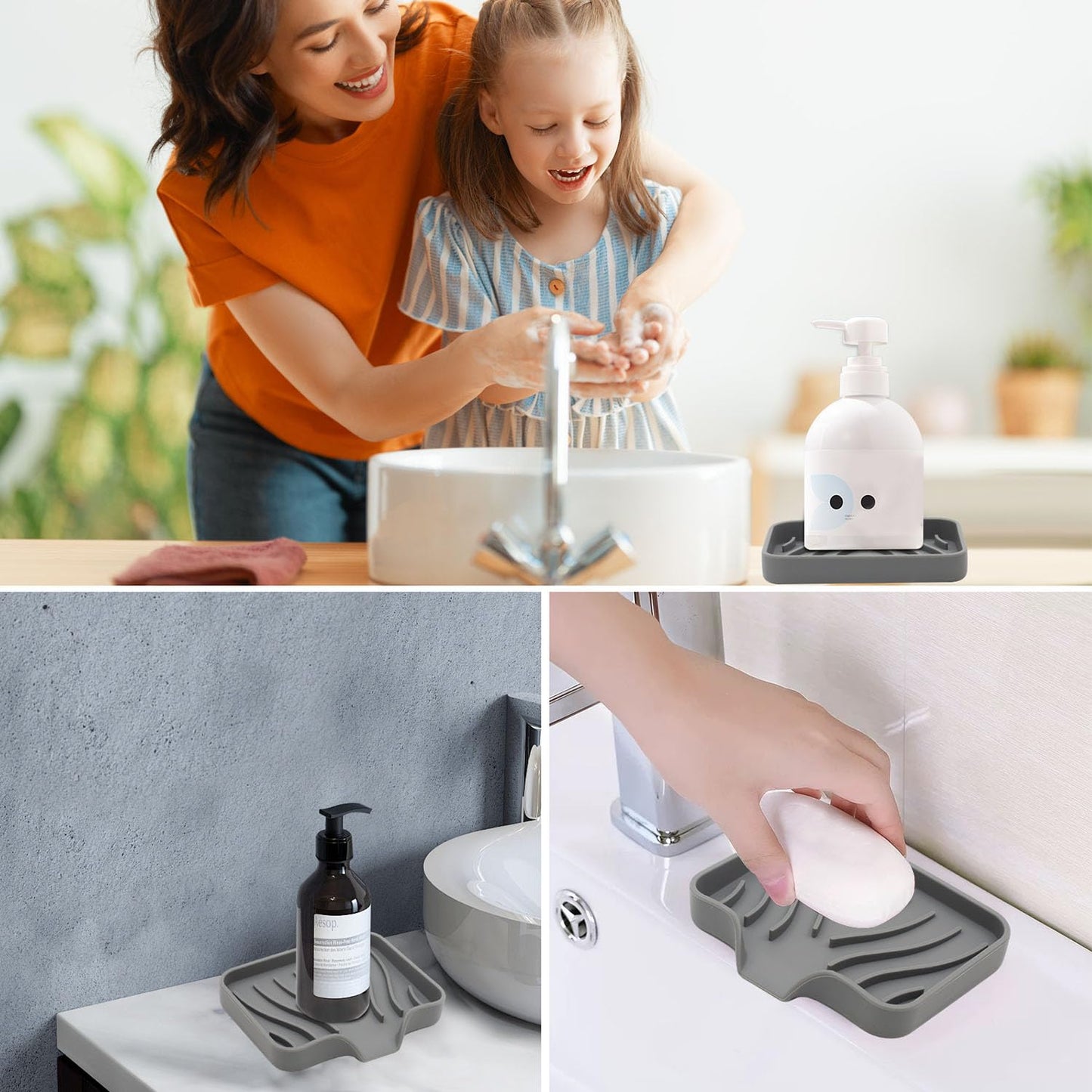 Soap Dish with Drainage, Gray Silicone Soap Holder for Bathroom Sink, 2 Pack