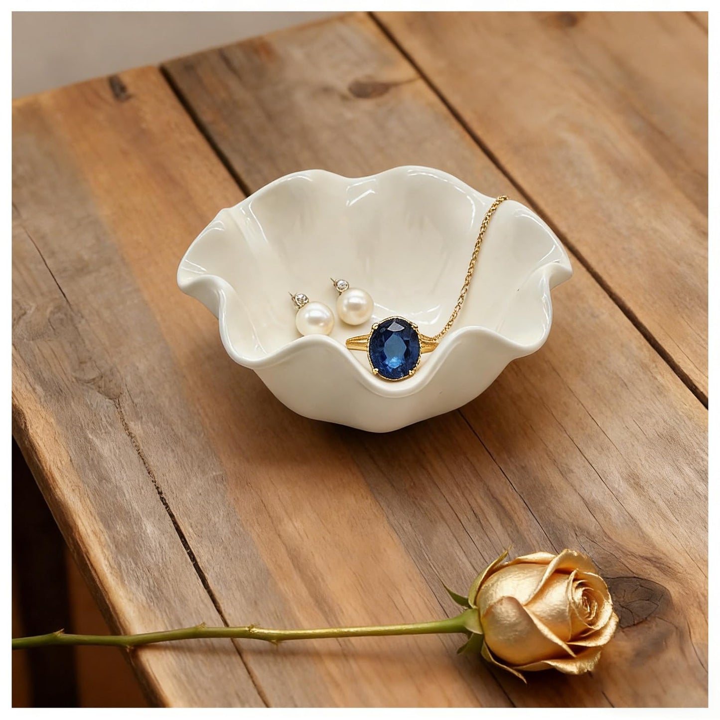 BROSEBEAQ Small Jewelry Tray, Ceramic Lotus Ring Dish, 3.5", White, Vanity Ring Holder, Trinket Dish (White)