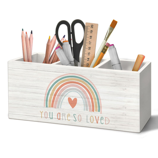 Yjeslw You Are So Loved Rainbow Pen Holder Organizer for Desk Accessories, Inspirational Wooden Box Desk Decorations for School Kids Room Bedroom Classroom Decor, Rainbow Classroom Decor