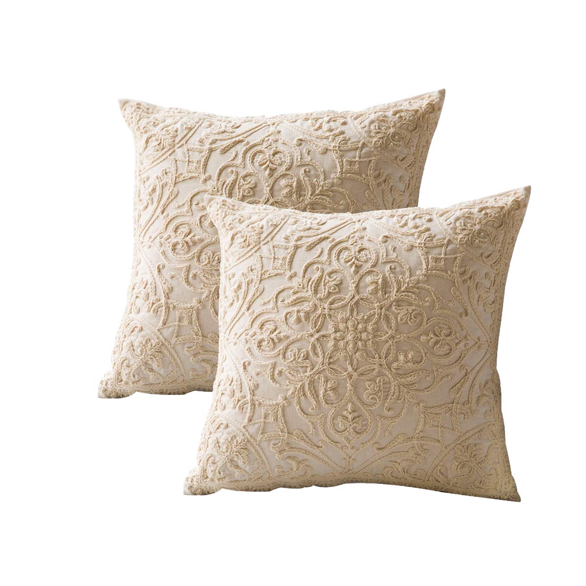 DOKOT Embroidery Throw Pillow Case Covers Square Cushion Cover 100% Cotton with Zipper for Home Decorative 20x20 inches(50x50cm) (Beige, 2 Pieces)