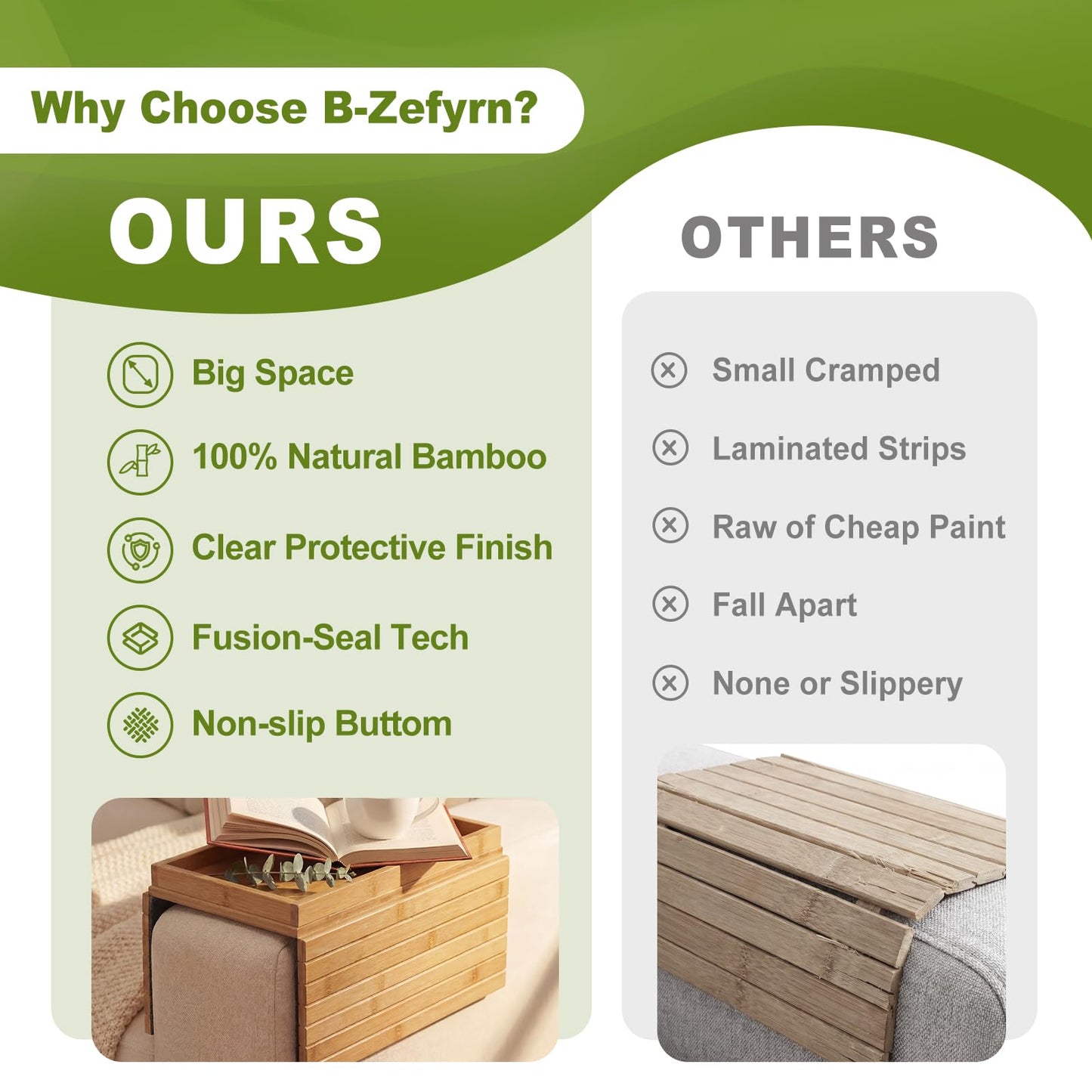 B-Zefyrn Sofa Arm Tray, Foldable Bamboo Couch Armrest Table with Large 12.5" x 5.8" Storage Compartment, Portable Chair Couch Caddy Arm Tray for Cup TV Snacks Phone Remote Anti-Slip Bottom