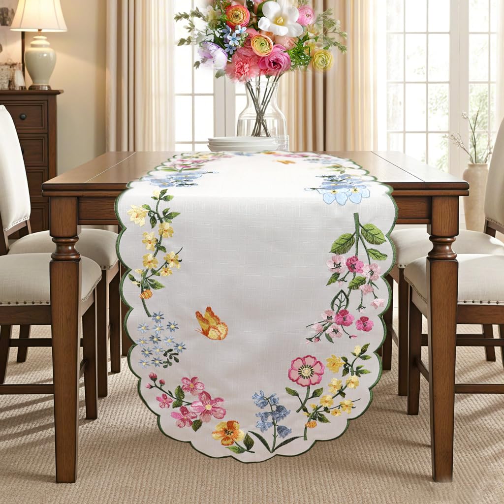Spring Table Runner Embroidered Floral Scalloped 36 Inches Long Pink Flowers Easter Seasonal Cutout Summer Flowers Coffee Dinning Table Centerpieces