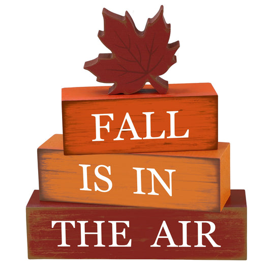 4 PCS Fall Maple Leaf Wooden Table Block Sign Thanksgiving Wood Tiered Tray Decor Fall is in the Air Block Centerpiece Rustic Farmhouse Table Decorations for Autumn Thanksgiving Home Desk Shelf Decor