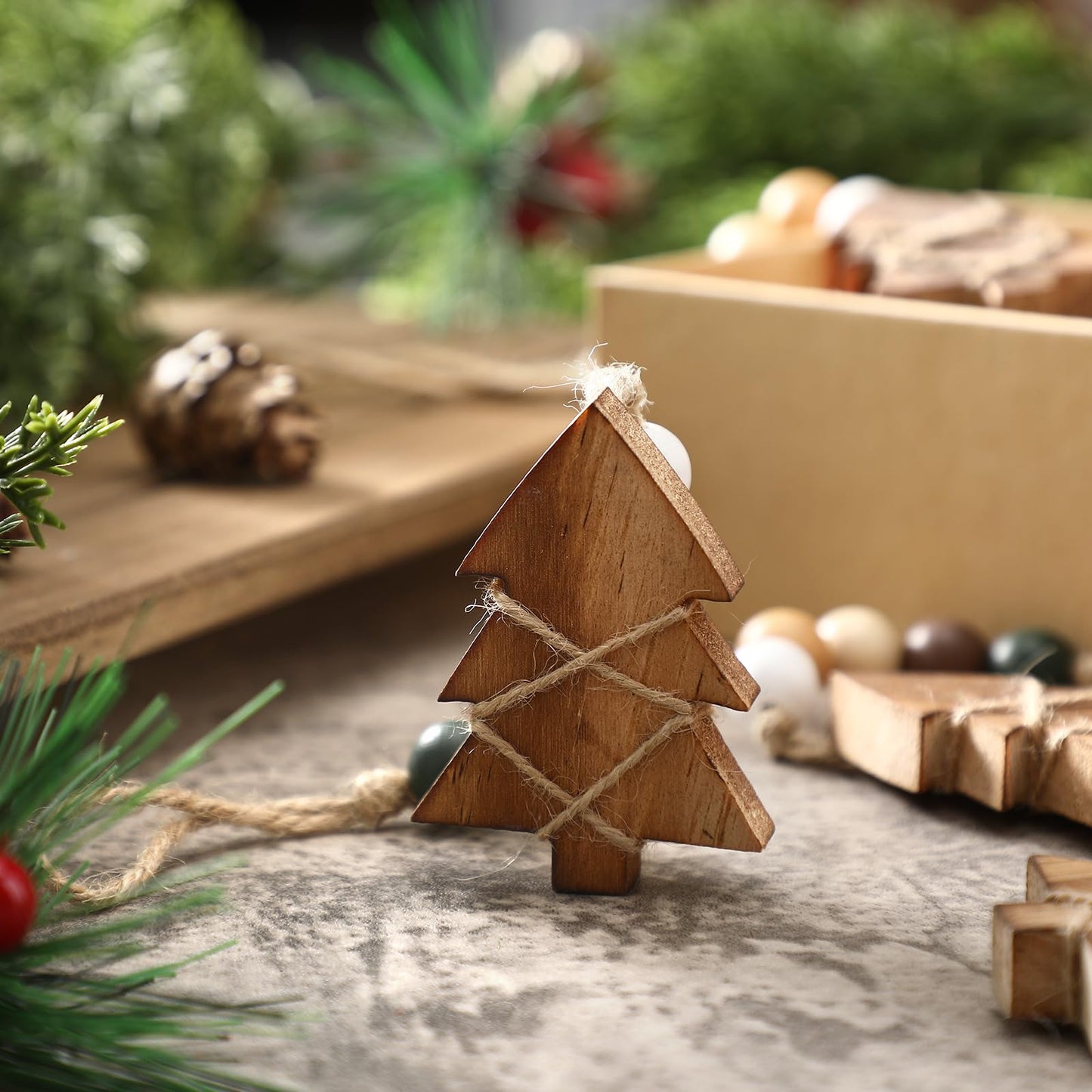 Civaner 6 Pcs Neutral Christmas Tree Hanging Ornament with Wooden Beads Rustic Wooden Boho Christmas Tree Decorations Bead Garland for Xmas New Years Holiday Farmhouse Gift Decor