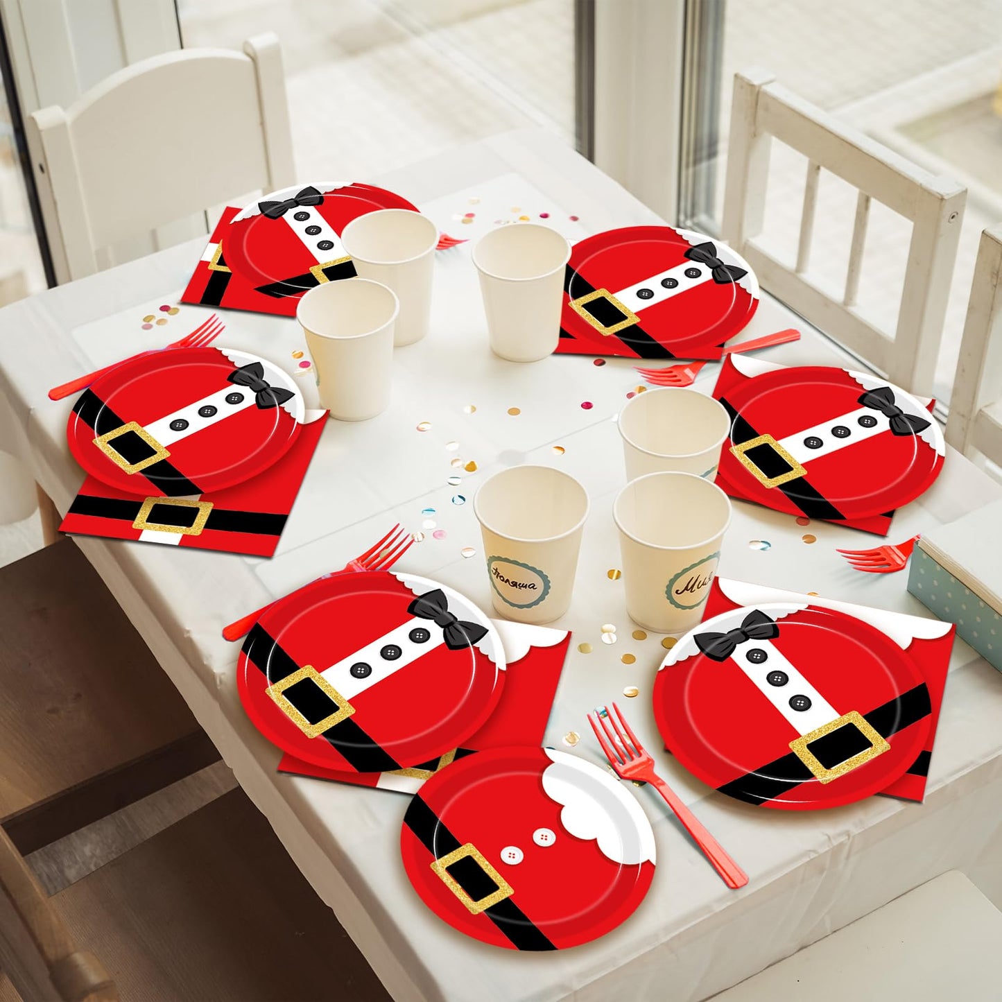 Kepeel 200Pcs Santa Claus Christmas Party Plates and Napkins Sets, Santa Claus Suit Party Supplies Decorations Winter Holiday Xmas Party Dinnerware for Kids Birthday Baby Shower Home Decor, Serves 50