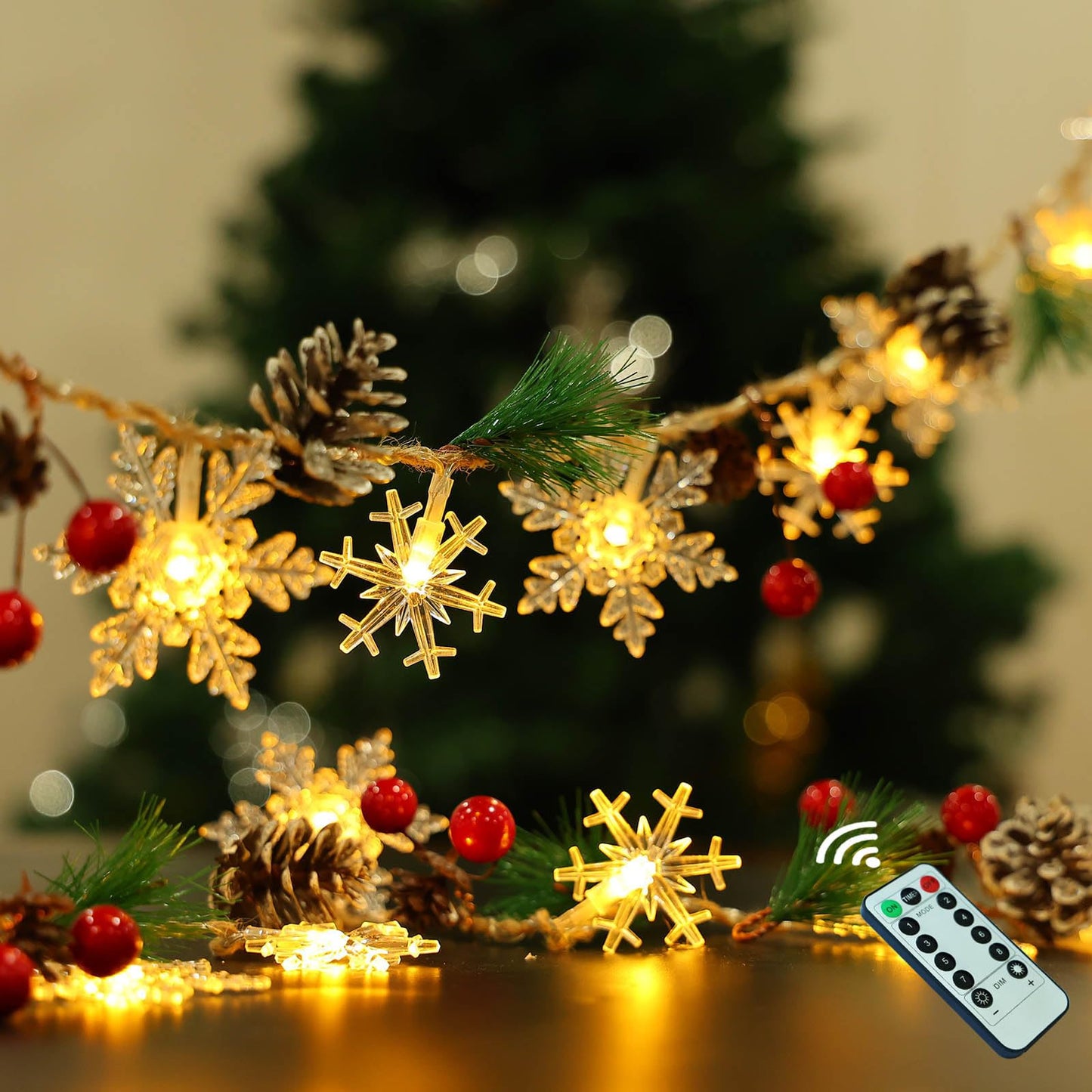 30 Led 10ft Christmas Garland Snowflake Lights, Pine Cones Red Berry Battery Operated Fairy String Lights 8 Lighting Modes with Timer Indoor Outdoor Tree Decor Fireplace Mantle Decorations Warm White
