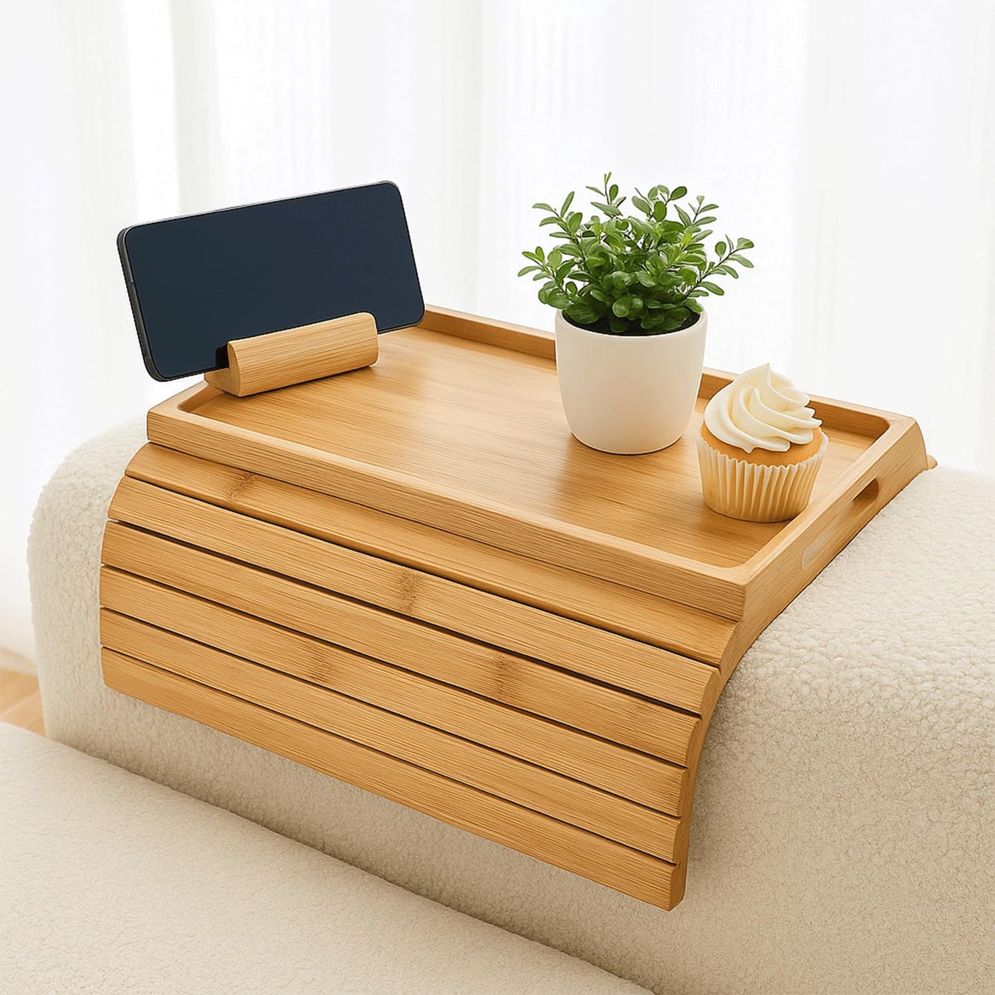 Foldable Bamboo Couch Arm Tray with Detachable Couch Cup Holder– Sofa Armrest Table for Remote, Snacks, Phone – Portable Armrest Caddy Tray for Sofa, Recliner, or Armchair