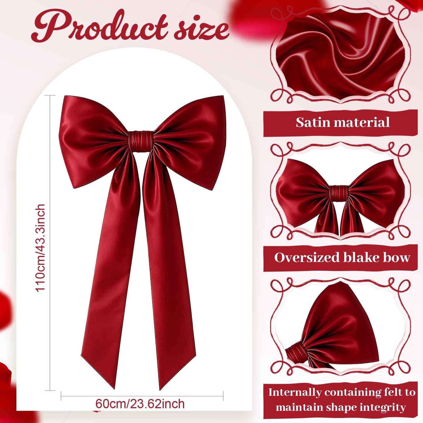 GUDELAK 43 x 24 Inches Large Burgundy Red Bow for Birthday Graduation Wedding Baby Shower Decorations, Giant Burgundy Bow Decor Satin Ribbon, Contains Felt Big Red Bow Wall Decor
