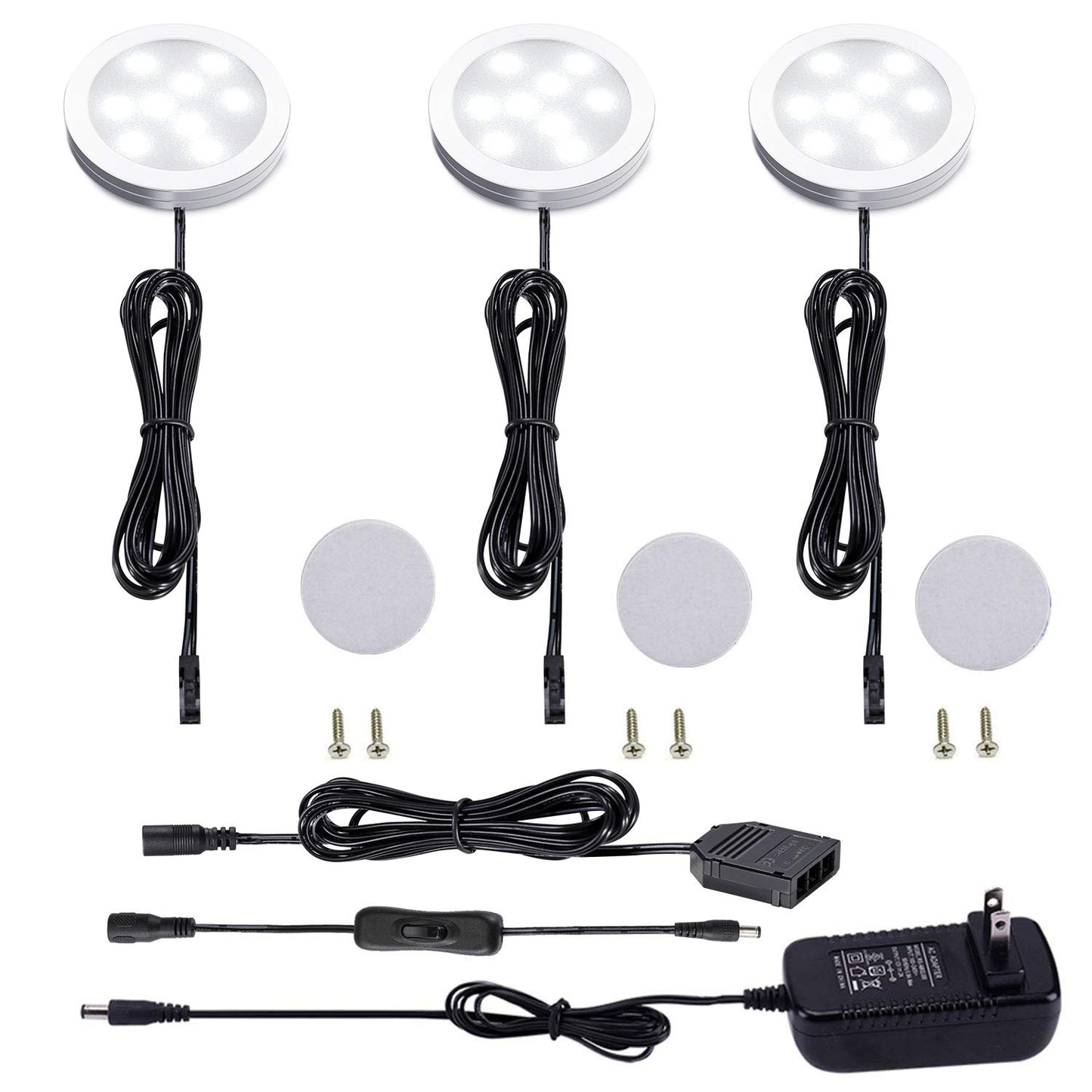AIBOO 12V LED Under Cabinet Lighting Kit 3 Packs Slim Aluminum Puck Lights with 2-Way Switch All Accessories Included for Counter Closet Lighting 6W (Daylight White)