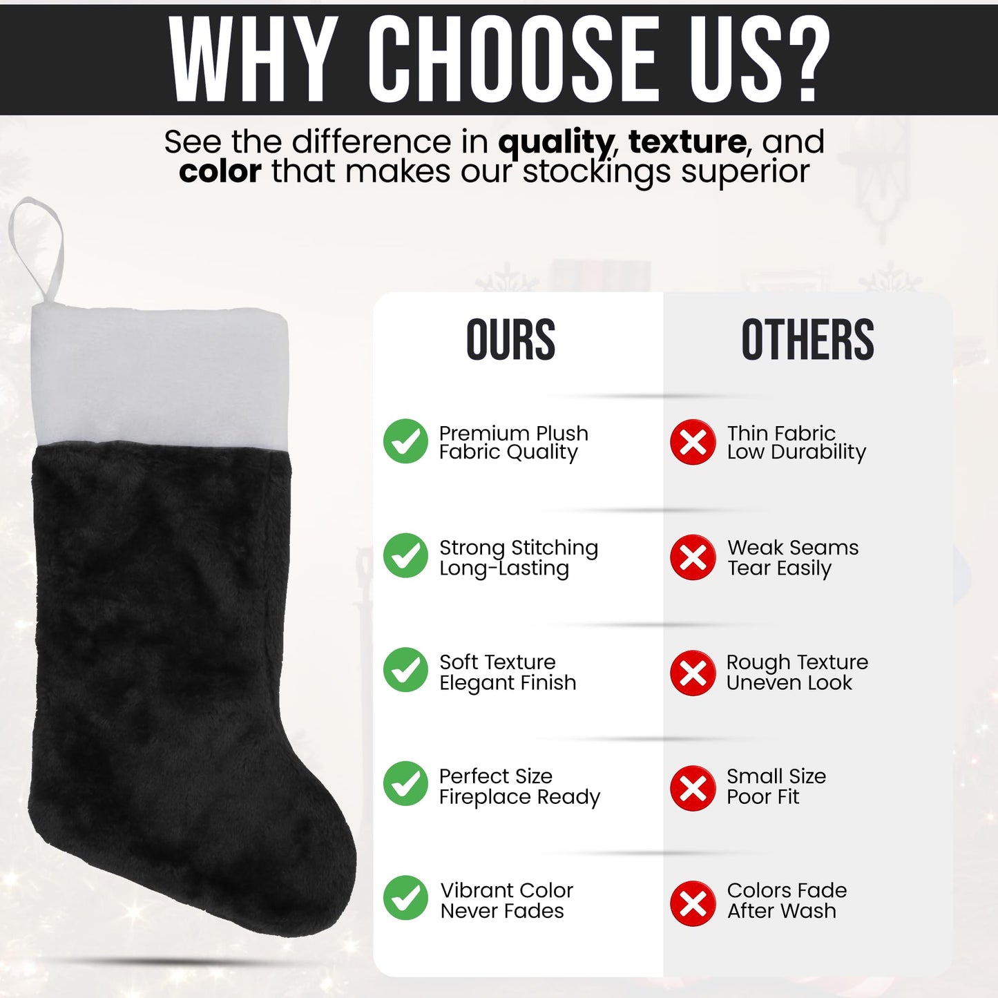 Iconikal 4-Pack Black 18-Inch Plush Fabric Christmas Stocking, Soft White Cuff, Holiday Decor