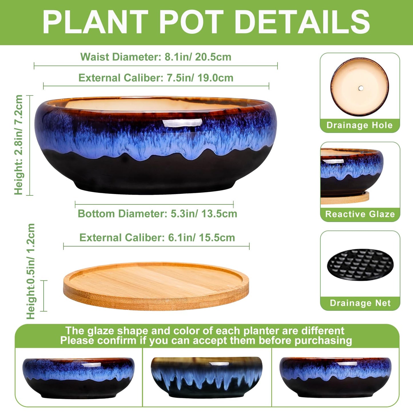 SQOWL 7 Inch Round Ceramic Succulent Planter Pot Drip Glazed Shallow Planter with Drainage Bamboo Tray for Indoor Plants