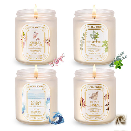 Scented Candle Gift Set, 4 Pack 7oz Natural Soy Wax Aromatherapy Candles, Fresh Linen, Ocean Breeze, Cherry Blossom, Eucalyptus Mint, Ideal Gifts for Women