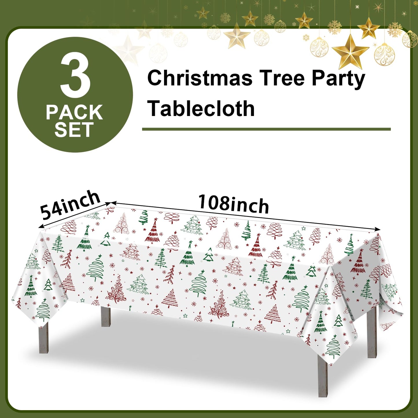 Brix4U 3Pack Christmas Tablecloth, Plastic Christmas Tablecloth Disposable for Rectangle Table Snowflake Xmas Tree Table Cloth for Winter Holiday New Year Party Decoration 54 x 108 Inch