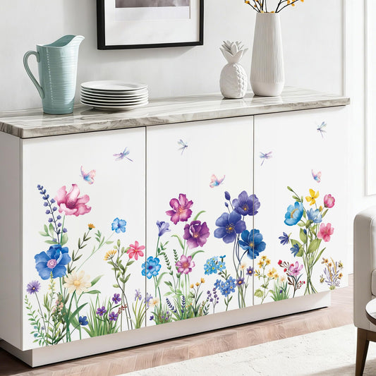 SHUCHING Bright Color Flower Wall Sticker Peel and Stick, Vinyl Blue Floral Wall Decal, Wildflower Wall Decor Art for Girl Bedroom Living Room