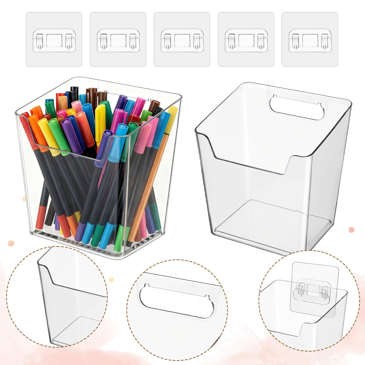 Hpmjz 8 Pack Clear Wall Mount Storage Bins Cabinet Door Organizer Stackable Storage Baskets Plastic Hanging Organizer Holders with Self-Adhesive Hooks for Kitchen Bathroom Office Makeup Remote
