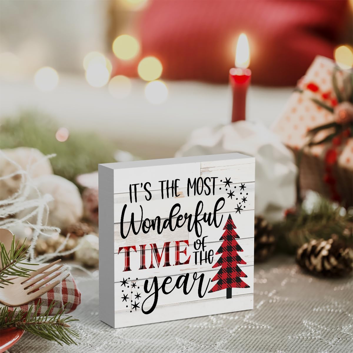 It's The Most Wonderful Time of The Year Wood Box Sign, Retro Farmhouse Christmas Santa Artwork Decor 5 x 5 Inches