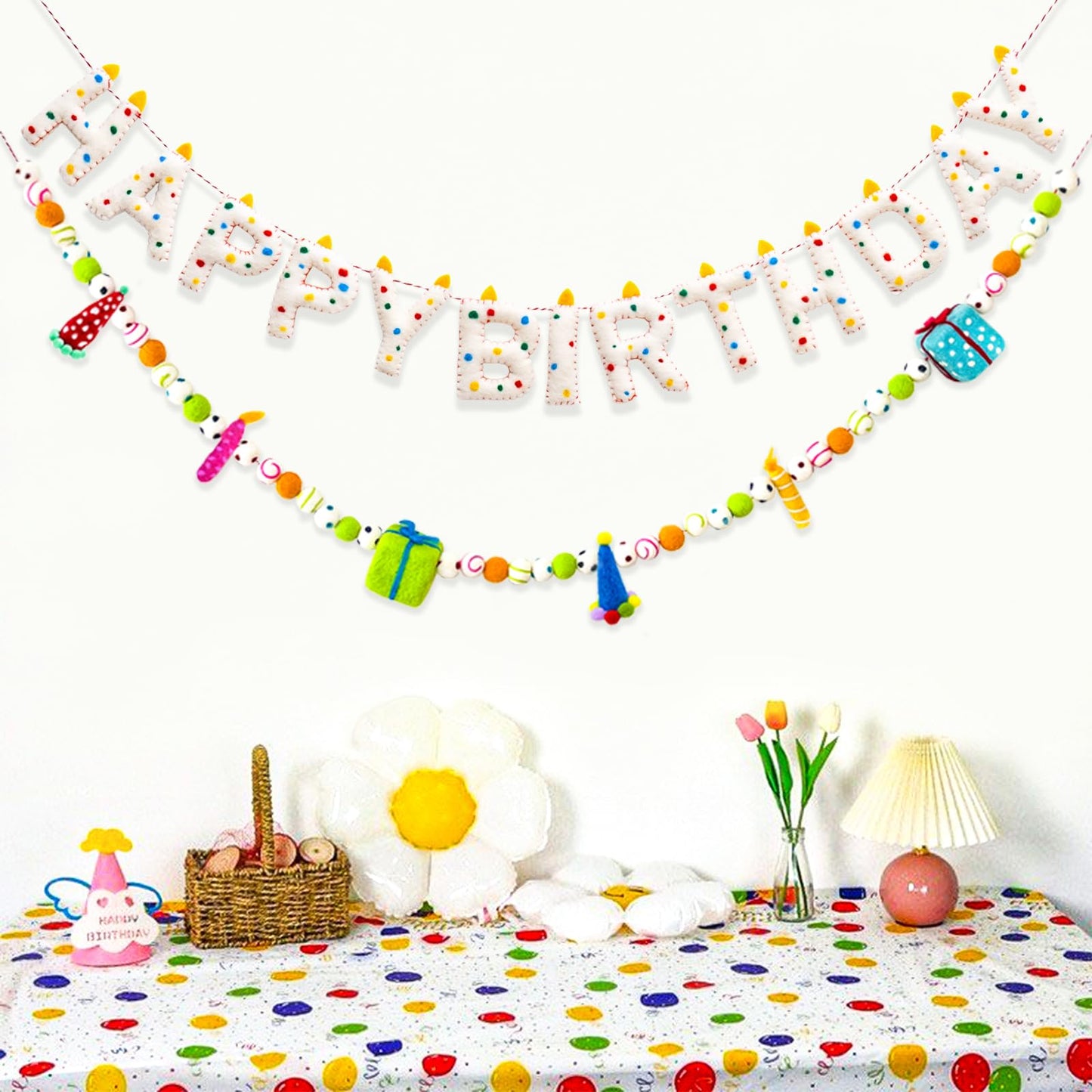 Pre-Strung Happy Birthday Banner Handmade Wool Felt HAPPY BIRTHDAY Garland, Reusable Rainbow Party Decorations,Personalized Holiday Sign for Kids Birthday Party Decor,Photo Prop (Confetti Dots Banner)