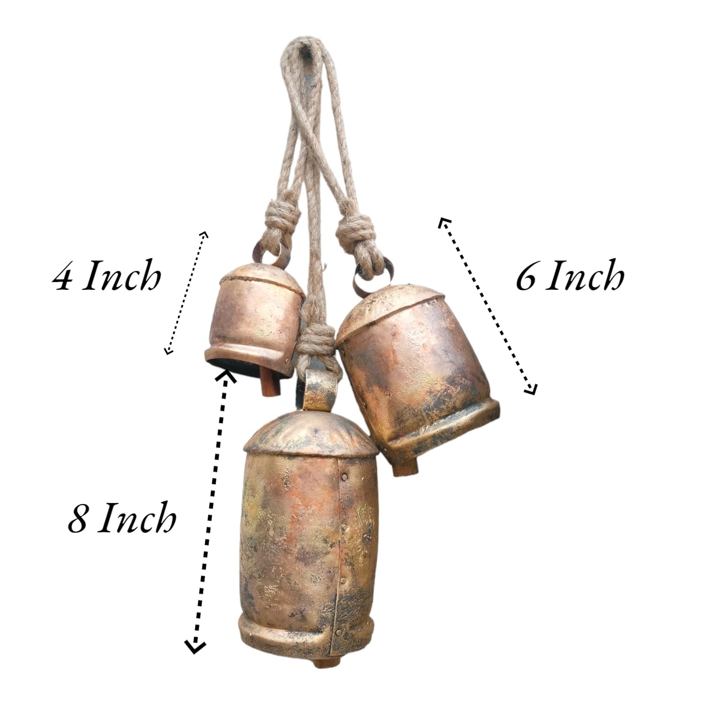 Siddhivinayak Overseas Set of 3 Metal Christmas Bells for Decoration Rustic Brass Gold Large Bell Cow Hanging