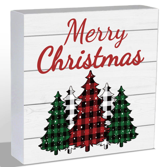Christmas Decorations Indoor Christmas Decor Table Home Room Buffalo Plaid Tree Office Bathroom Wood Box Sign Rustic Wooden Shelf Desk Decor Season Sign House Warming Gifts 5.9 x 5.9 Inch