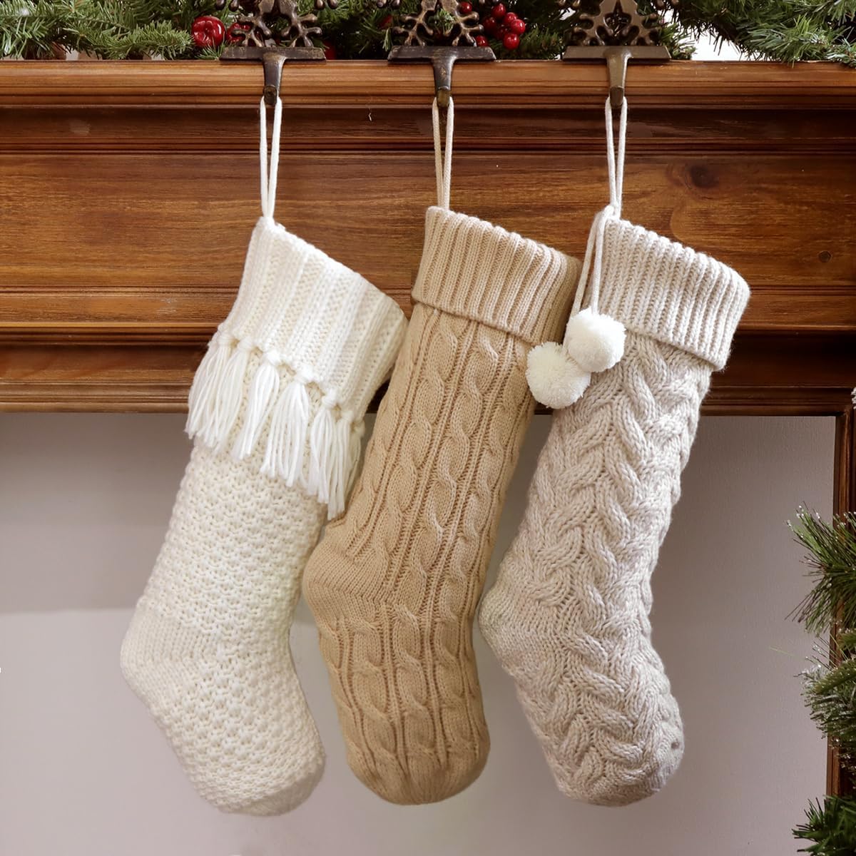 Farmhouse Personalized Knitted Christmas Stockings, 3 Packs 18 inche Knit Christmas Stockings, Rustic Farmhouse Boho Style Stocking Decorations for Family Holiday Season Decor, White & Beige