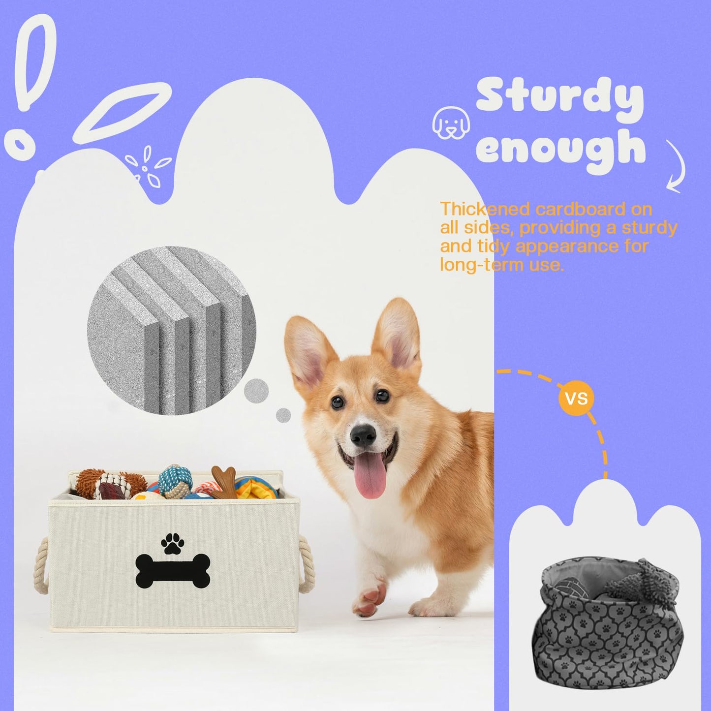 GreenPetopia Dog Toy Basket with Lid, Dog Basket for Toys, Dogs Toy Box with Cotton Rope Handles, Collapsible Storage Bins for Pet Toys, Dogs Storage Organizer, Beige