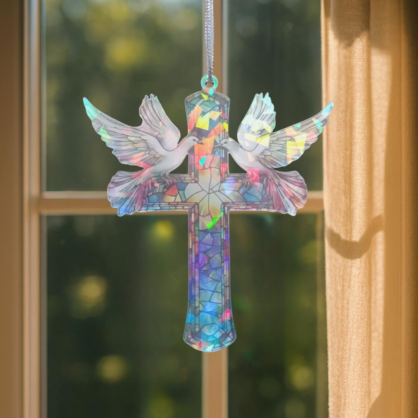 Christian Gifts for Women - Memorial Gifts - Cross Decor – Hologram Acrylic Suncatcher Hanging Decoration – Shimmering Cross with Doves for Window, Christmas Tree, Religious Gifts, Gifts for Mom Girl